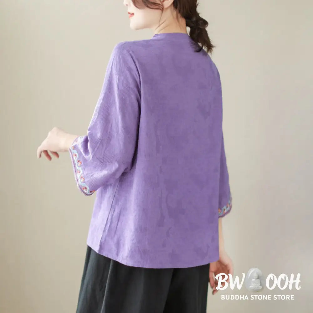 Buddha Stones Casual Jacquard Frog-Button Women’s Crew Neck Design Three Quarter Sleeve Cotton Linen Shirt - Women’s