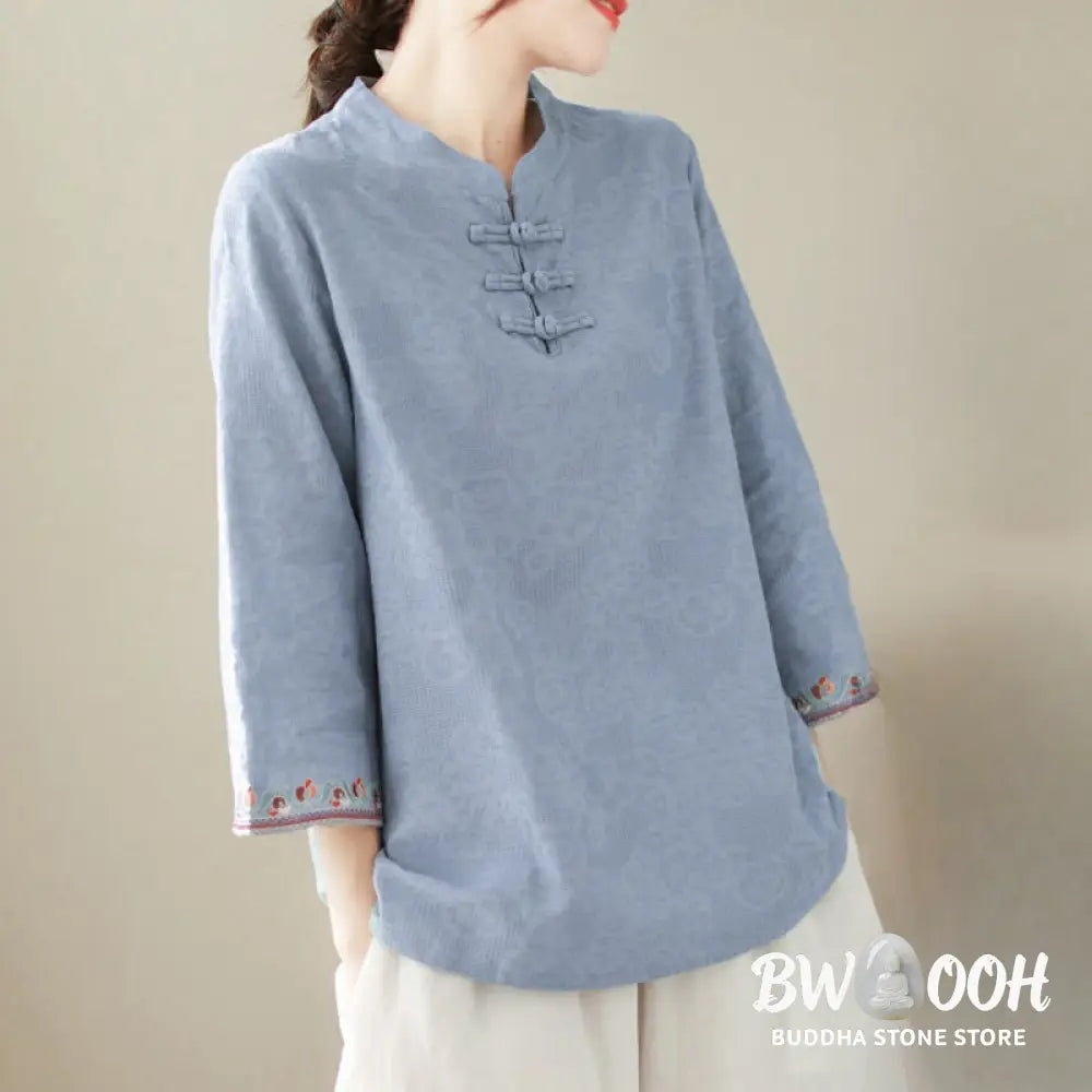 Buddha Stones Casual Jacquard Frog-Button Women’s Crew Neck Design Three Quarter Sleeve Cotton Linen Shirt - Women’s