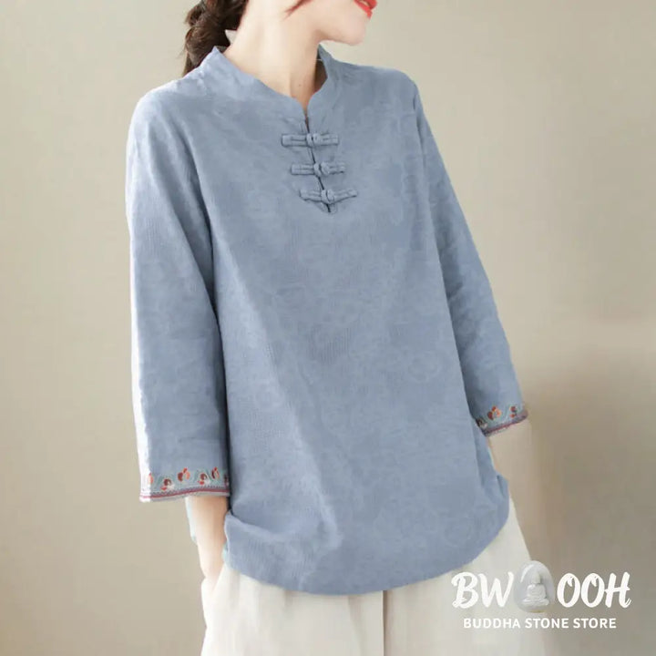 Buddha Stones Casual Jacquard Frog-Button Women’s Crew Neck Design Three Quarter Sleeve Cotton Linen Shirt - Women’s