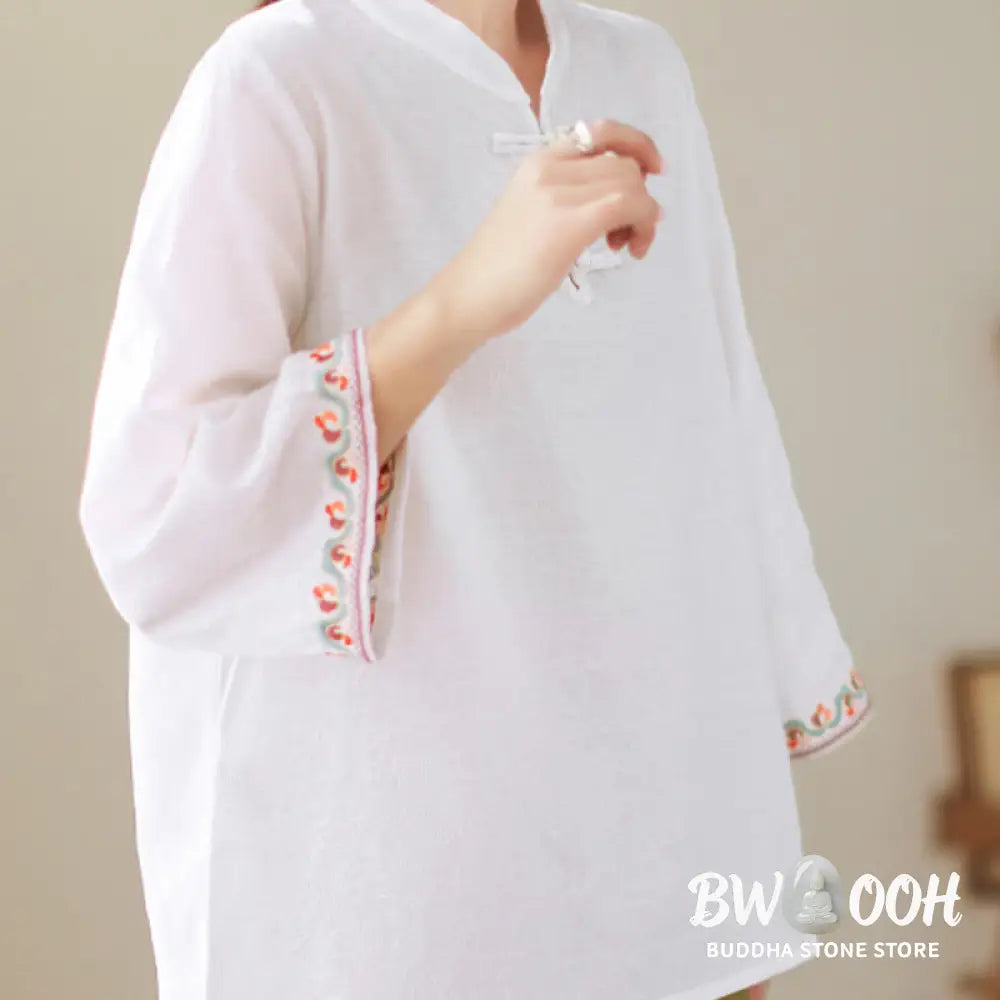 Buddha Stones Casual Jacquard Frog-Button Women’s Crew Neck Design Three Quarter Sleeve Cotton Linen Shirt - Women’s