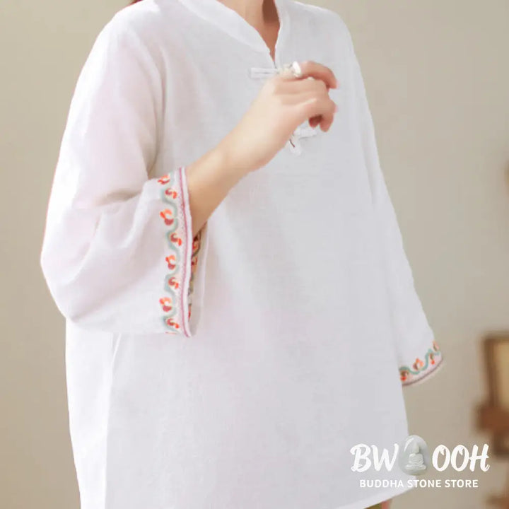 Buddha Stones Casual Jacquard Frog-Button Women’s Crew Neck Design Three Quarter Sleeve Cotton Linen Shirt - Women’s