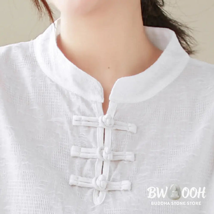 Buddha Stones Casual Jacquard Frog-Button Women’s Crew Neck Design Three Quarter Sleeve Cotton Linen Shirt - Women’s
