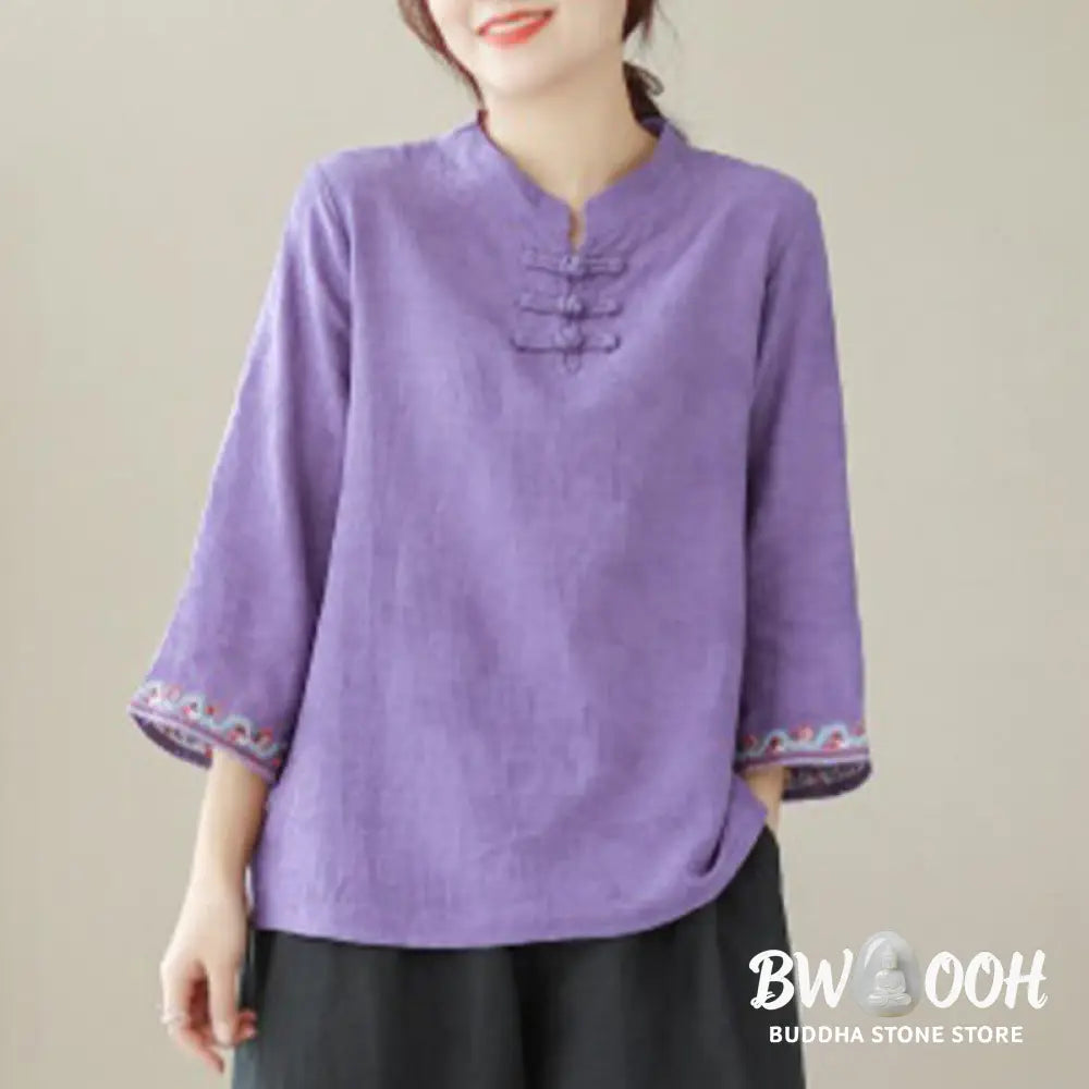 Buddha Stones Casual Jacquard Frog-Button Women’s Crew Neck Design Three Quarter Sleeve Cotton Linen Shirt - Women’s