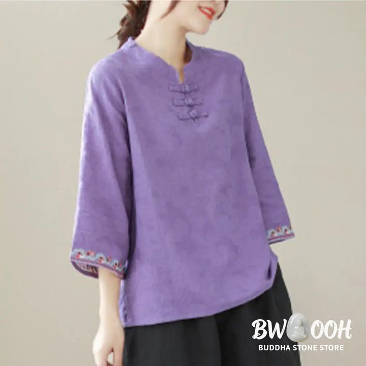 Buddha Stones Casual Jacquard Frog-Button Women’s Crew Neck Design Three Quarter Sleeve Cotton Linen Shirt - Women’s
