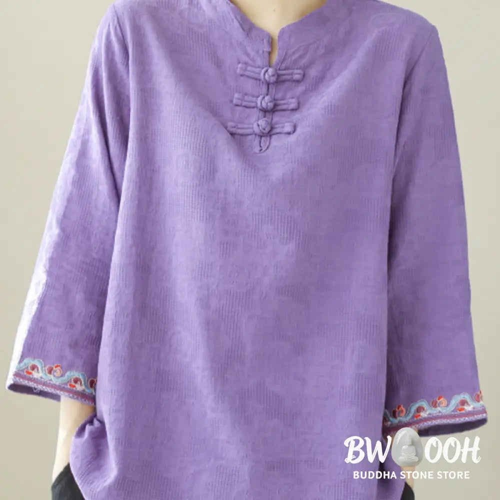 Buddha Stones Casual Jacquard Frog-Button Women’s Crew Neck Design Three Quarter Sleeve Cotton Linen Shirt - Women’s