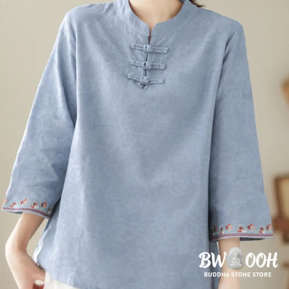 Buddha Stones Casual Jacquard Frog-Button Women’s Crew Neck Design Three Quarter Sleeve Cotton Linen Shirt - Women’s