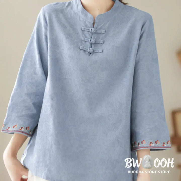Buddha Stones Casual Jacquard Frog-Button Women’s Crew Neck Design Three Quarter Sleeve Cotton Linen Shirt - Women’s
