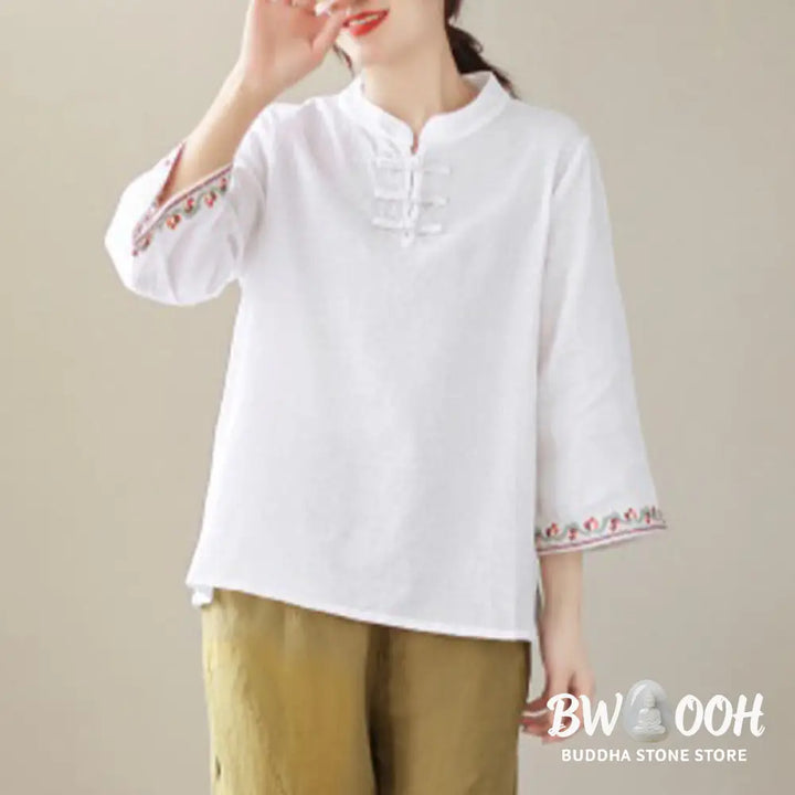 Buddha Stones Casual Jacquard Frog-Button Women’s Crew Neck Design Three Quarter Sleeve Cotton Linen Shirt - Women’s
