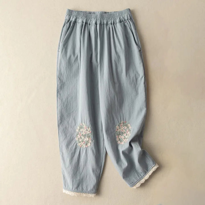 Buddha Stones Casual Lace Trim Embroidered Cotton Harem Pants With Pockets - LightBlue / US4，UK/AU8，EU36 (L) - Women’s