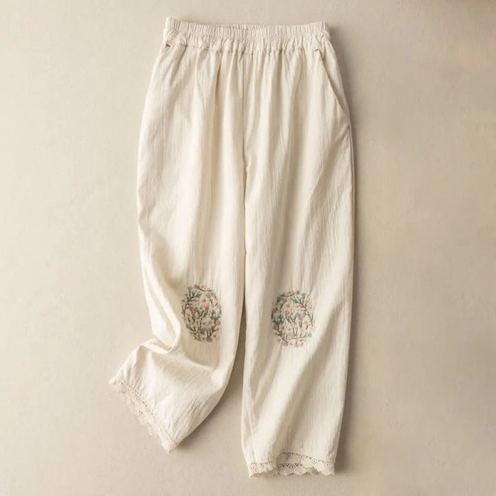 Buddha Stones Casual Lace Trim Embroidered Cotton Harem Pants With Pockets - White / US4，UK/AU8，EU36 (L) - Women’s