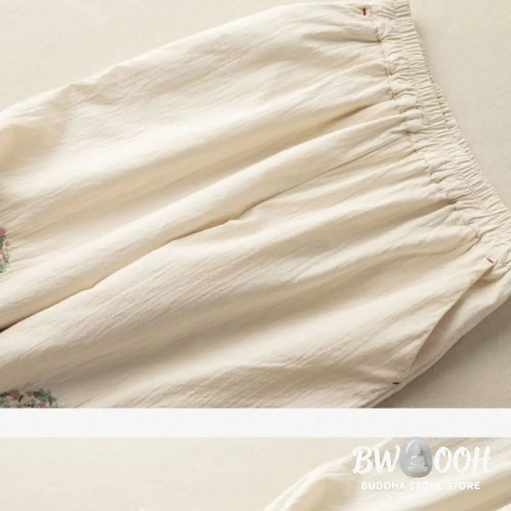 Buddha Stones Casual Lace Trim Embroidered Cotton Harem Pants With Pockets - Women’s Harem Pants