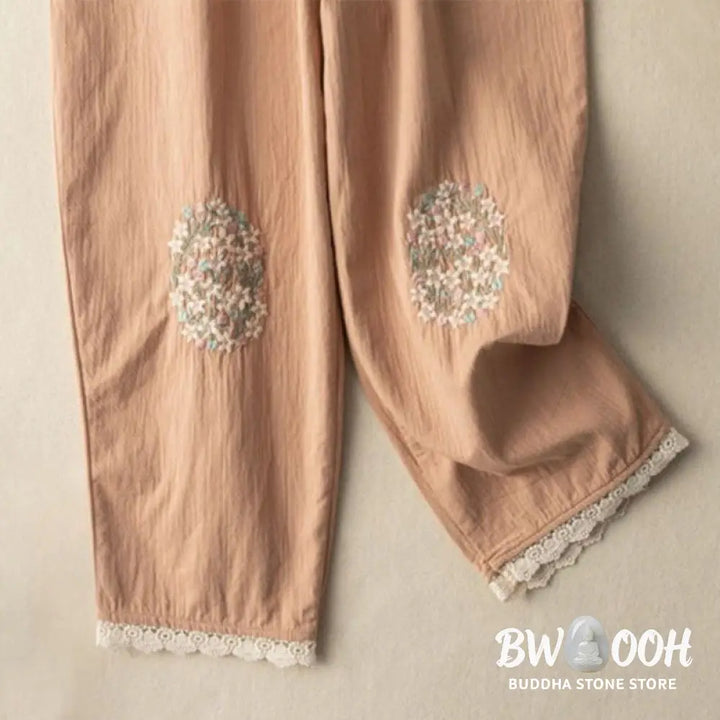 Buddha Stones Casual Lace Trim Embroidered Cotton Harem Pants With Pockets - Women’s Harem Pants