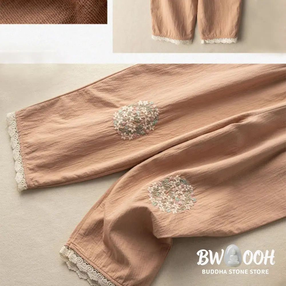 Buddha Stones Casual Lace Trim Embroidered Cotton Harem Pants With Pockets - Women’s Harem Pants