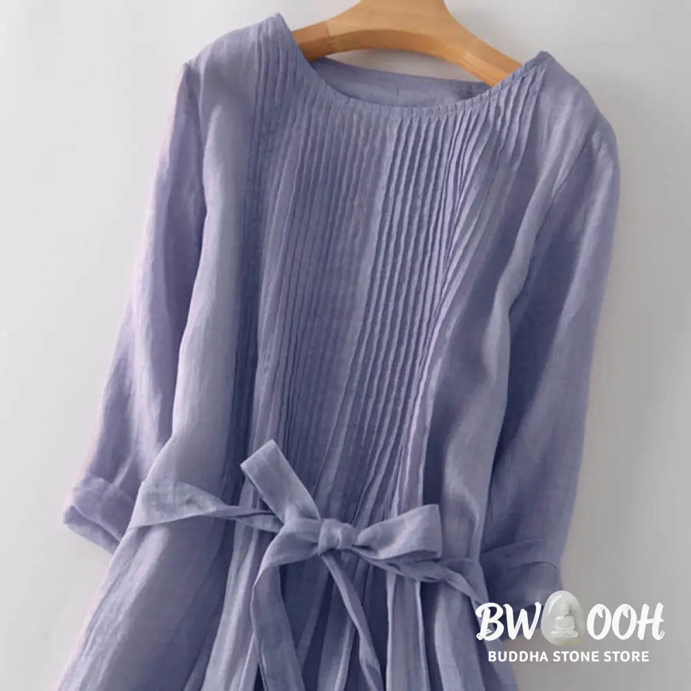 Buddha Stones Casual Lace-up Plain Crew Neck Half Sleeve Midi Dress With Pockets - Midi Dress