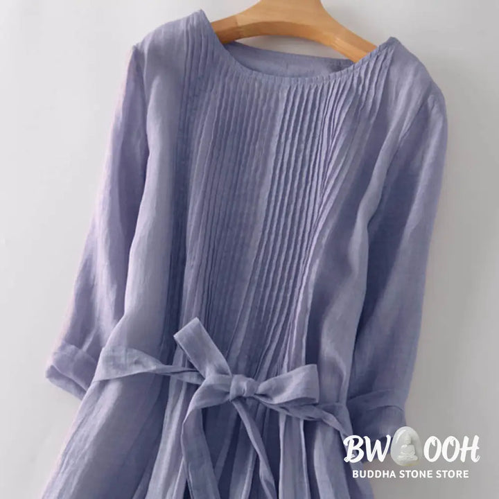 Buddha Stones Casual Lace-up Plain Crew Neck Half Sleeve Midi Dress With Pockets - Midi Dress