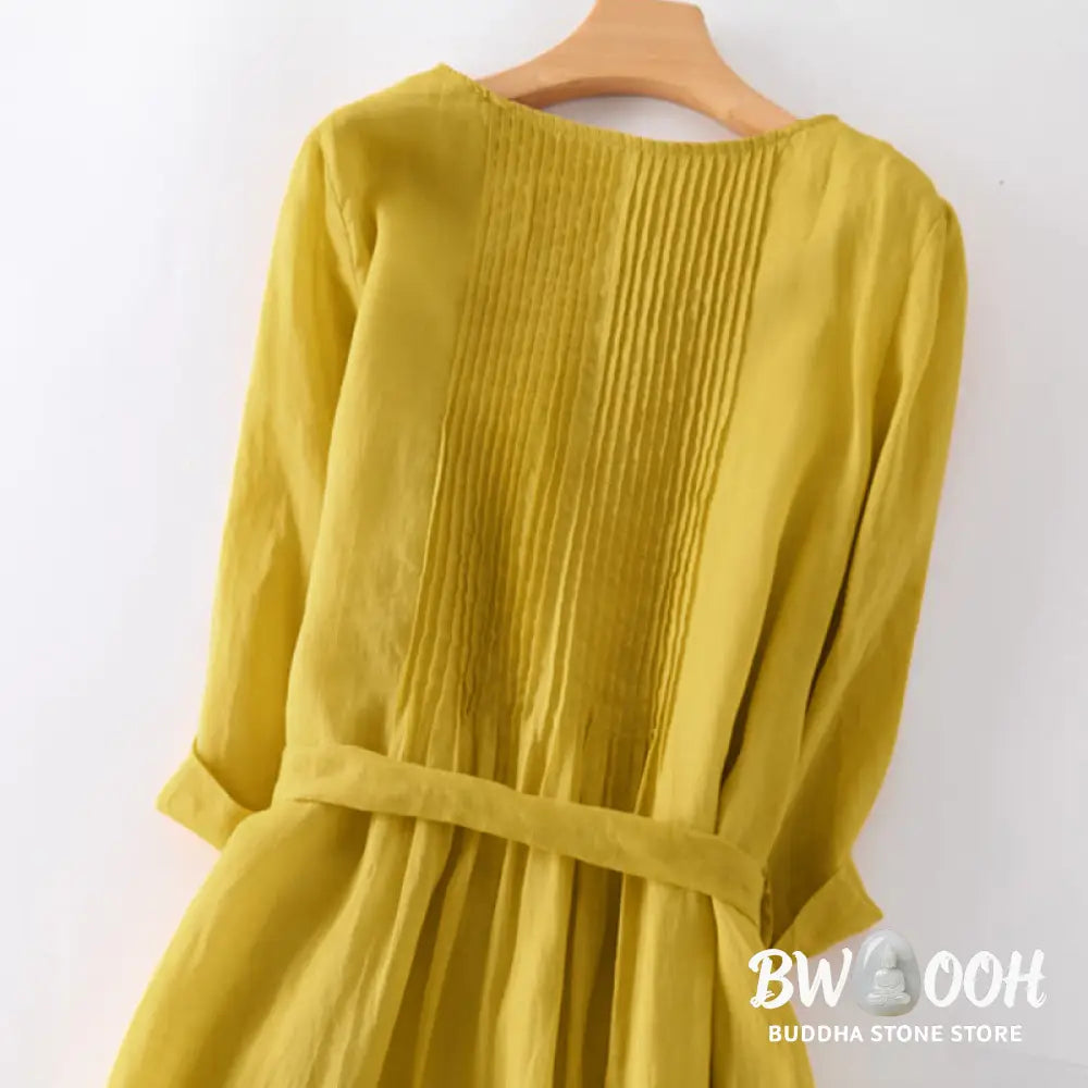 Buddha Stones Casual Lace-up Plain Crew Neck Half Sleeve Midi Dress With Pockets - Midi Dress