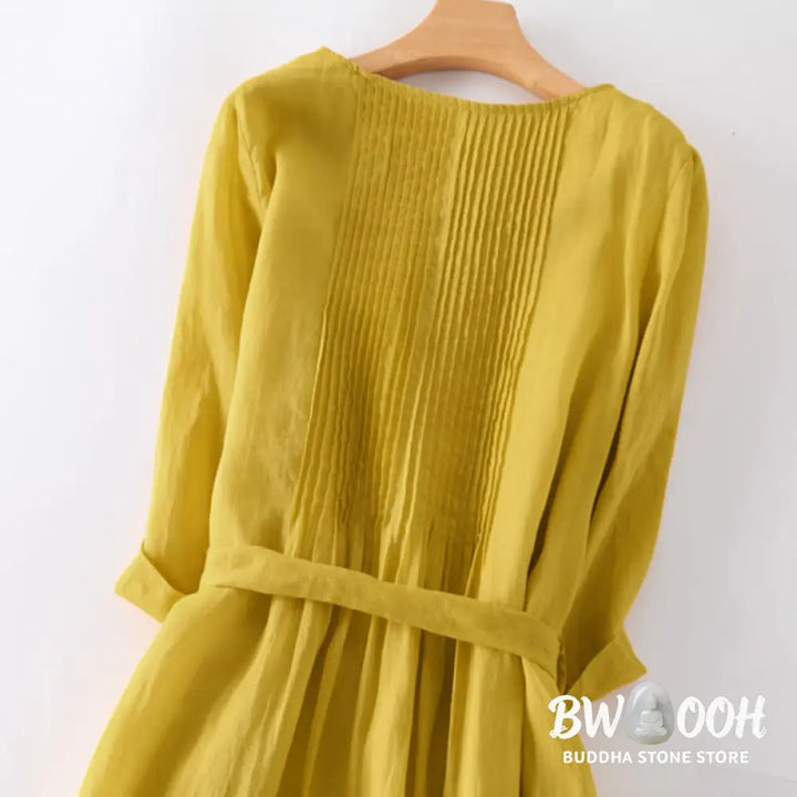 Buddha Stones Casual Lace-up Plain Crew Neck Half Sleeve Midi Dress With Pockets - Midi Dress