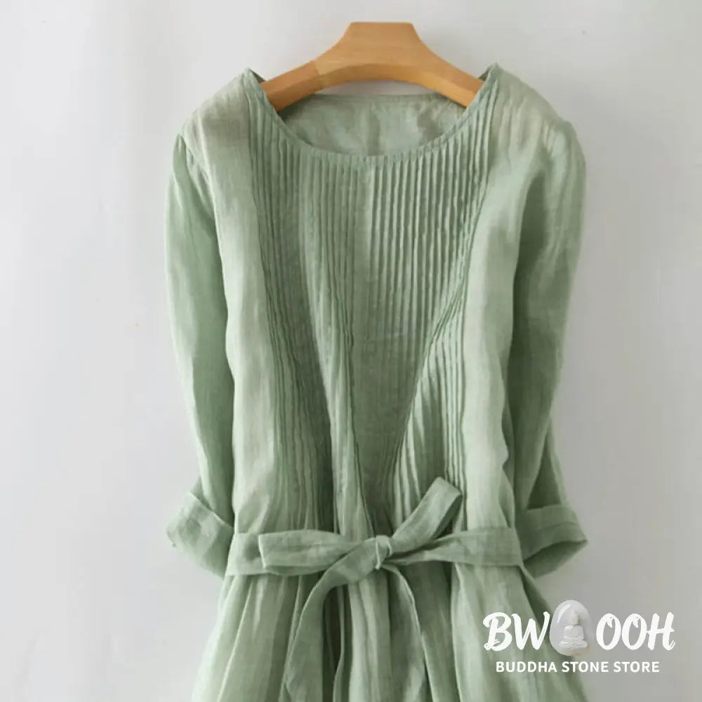 Buddha Stones Casual Lace-up Plain Crew Neck Half Sleeve Midi Dress With Pockets - Midi Dress