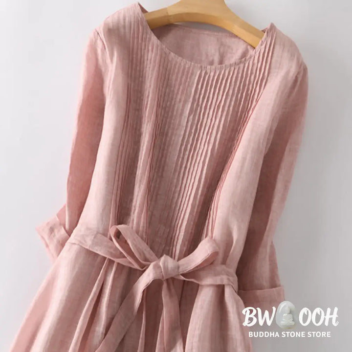 Buddha Stones Casual Lace-up Plain Crew Neck Half Sleeve Midi Dress With Pockets - Midi Dress