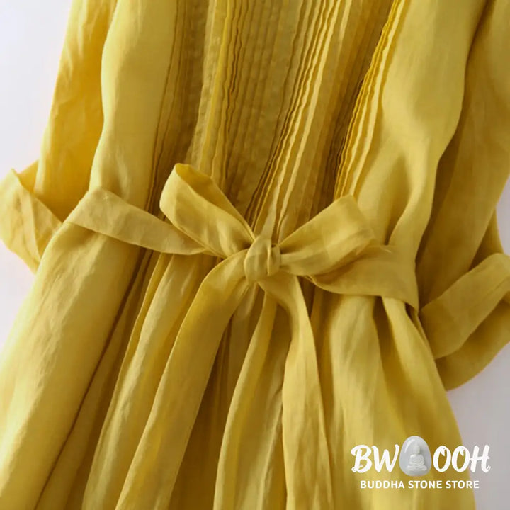Buddha Stones Casual Lace-up Plain Crew Neck Half Sleeve Midi Dress With Pockets - Midi Dress
