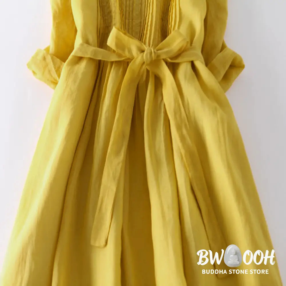Buddha Stones Casual Lace-up Plain Crew Neck Half Sleeve Midi Dress With Pockets - Midi Dress
