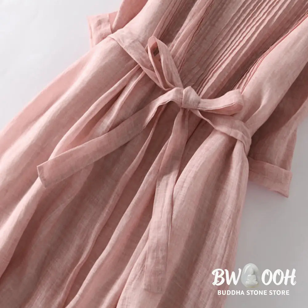 Buddha Stones Casual Lace-up Plain Crew Neck Half Sleeve Midi Dress With Pockets - Midi Dress