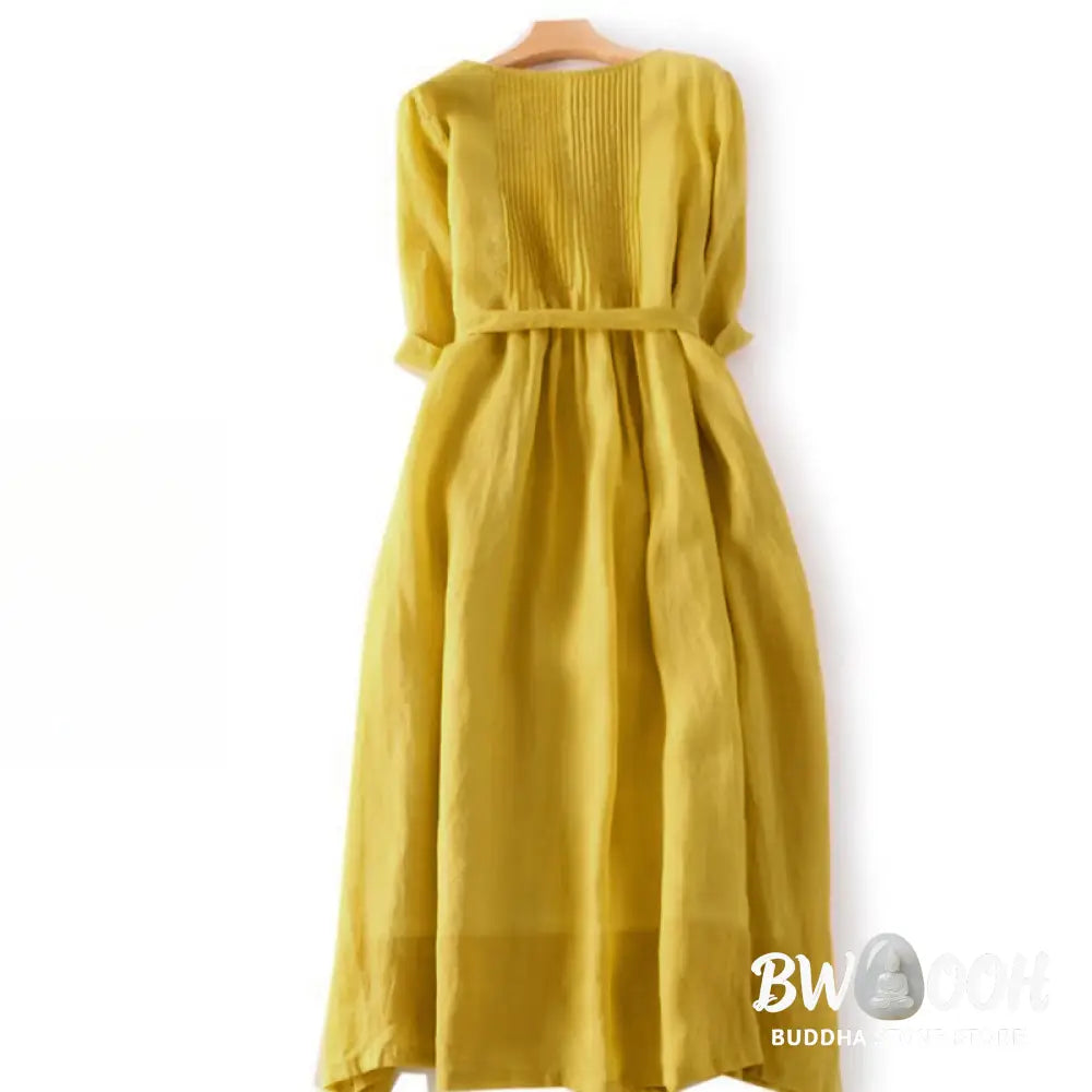 Buddha Stones Casual Lace-up Plain Crew Neck Half Sleeve Midi Dress With Pockets - Midi Dress