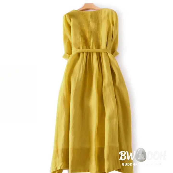 Buddha Stones Casual Lace-up Plain Crew Neck Half Sleeve Midi Dress With Pockets - Midi Dress