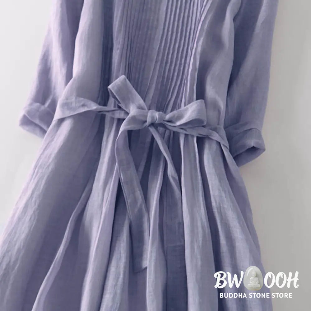 Buddha Stones Casual Lace-up Plain Crew Neck Half Sleeve Midi Dress With Pockets - Midi Dress