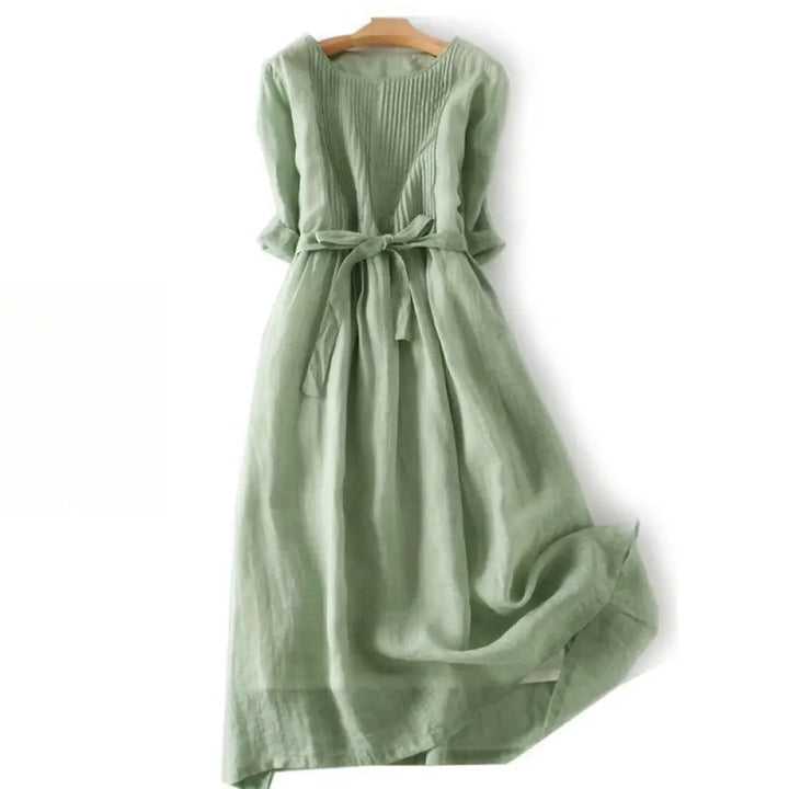 Buddha Stones Casual Lace-up Plain Crew Neck Half Sleeve Midi Dress With Pockets - DarkSeaGreen / US4，UK/AU8，EU36 (L)