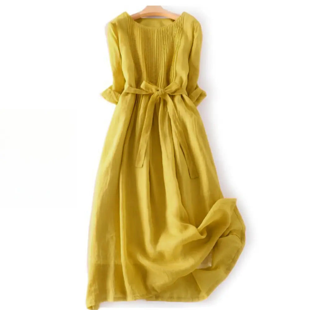 Buddha Stones Casual Lace-up Plain Crew Neck Half Sleeve Midi Dress With Pockets - Gold / US4，UK/AU8，EU36 (L) - Midi