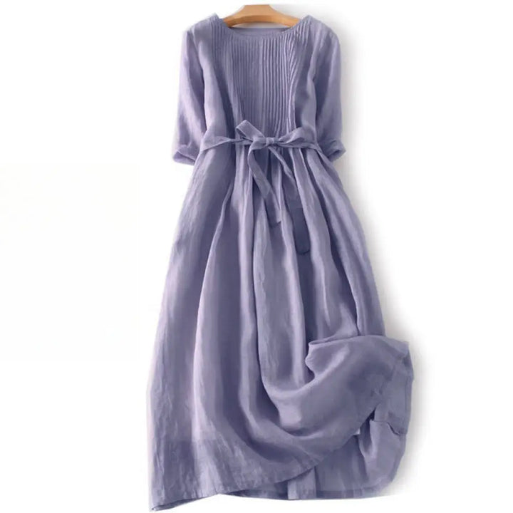 Buddha Stones Casual Lace-up Plain Crew Neck Half Sleeve Midi Dress With Pockets - Thistle / US4，UK/AU8，EU36 (L) - Midi