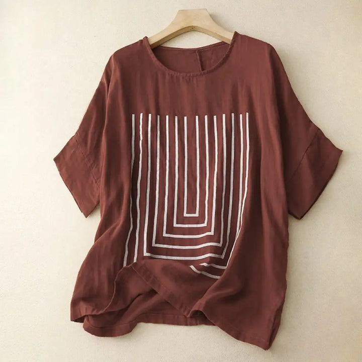 Buddha Stones Casual Line Printing Pattern Short Sleeve Cotton Linen Women’s T-Shirt - Maroon / US4，UK/AU8，EU36 (M)
