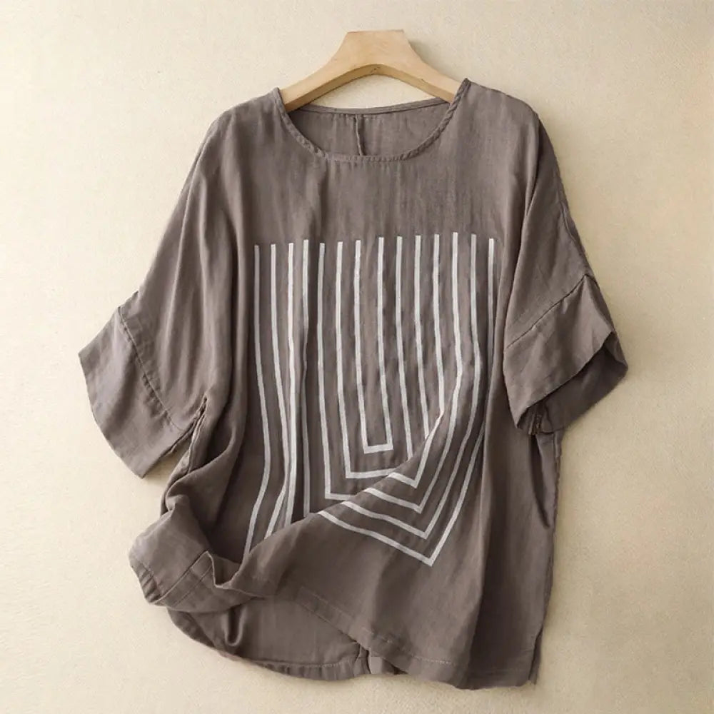 Buddha Stones Casual Line Printing Pattern Short Sleeve Cotton Linen Women’s T-Shirt - RosyBrown / US4，UK/AU8，EU36 (M)