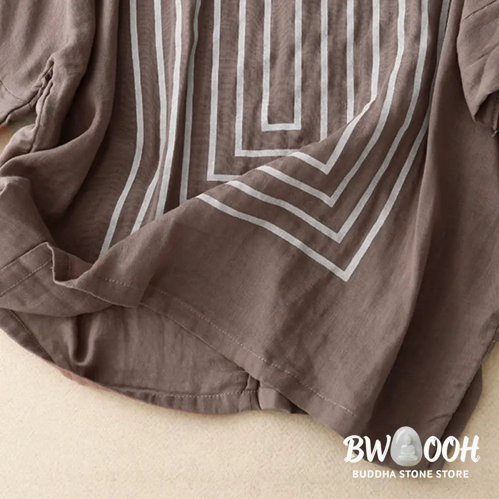 Buddha Stones Casual Line Printing Pattern Short Sleeve Cotton Linen Women’s T-Shirt - Women’s T-Shirts