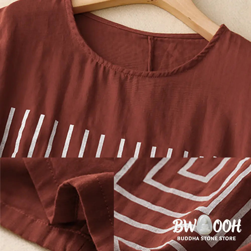 Buddha Stones Casual Line Printing Pattern Short Sleeve Cotton Linen Women’s T-Shirt - Women’s T-Shirts
