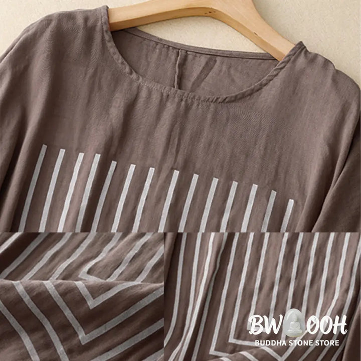 Buddha Stones Casual Line Printing Pattern Short Sleeve Cotton Linen Women’s T-Shirt - Women’s T-Shirts