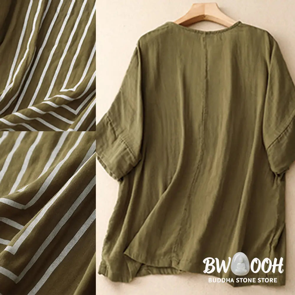 Buddha Stones Casual Line Printing Pattern Short Sleeve Cotton Linen Women’s T-Shirt - Women’s T-Shirts