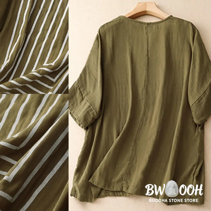 Buddha Stones Casual Line Printing Pattern Short Sleeve Cotton Linen Women’s T-Shirt - Women’s T-Shirts