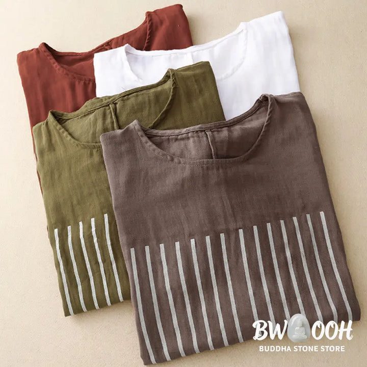 Buddha Stones Casual Line Printing Pattern Short Sleeve Cotton Linen Women’s T-Shirt - Women’s T-Shirts