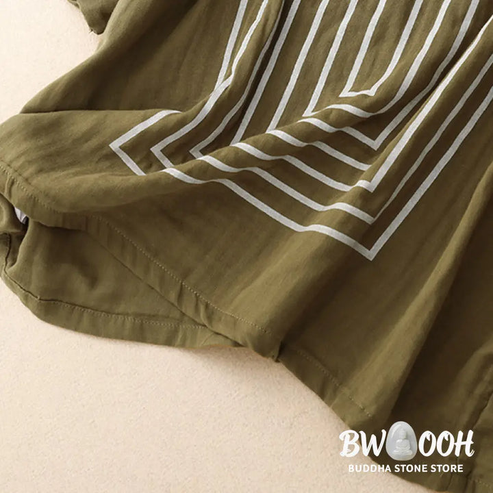 Buddha Stones Casual Line Printing Pattern Short Sleeve Cotton Linen Women’s T-Shirt - Women’s T-Shirts