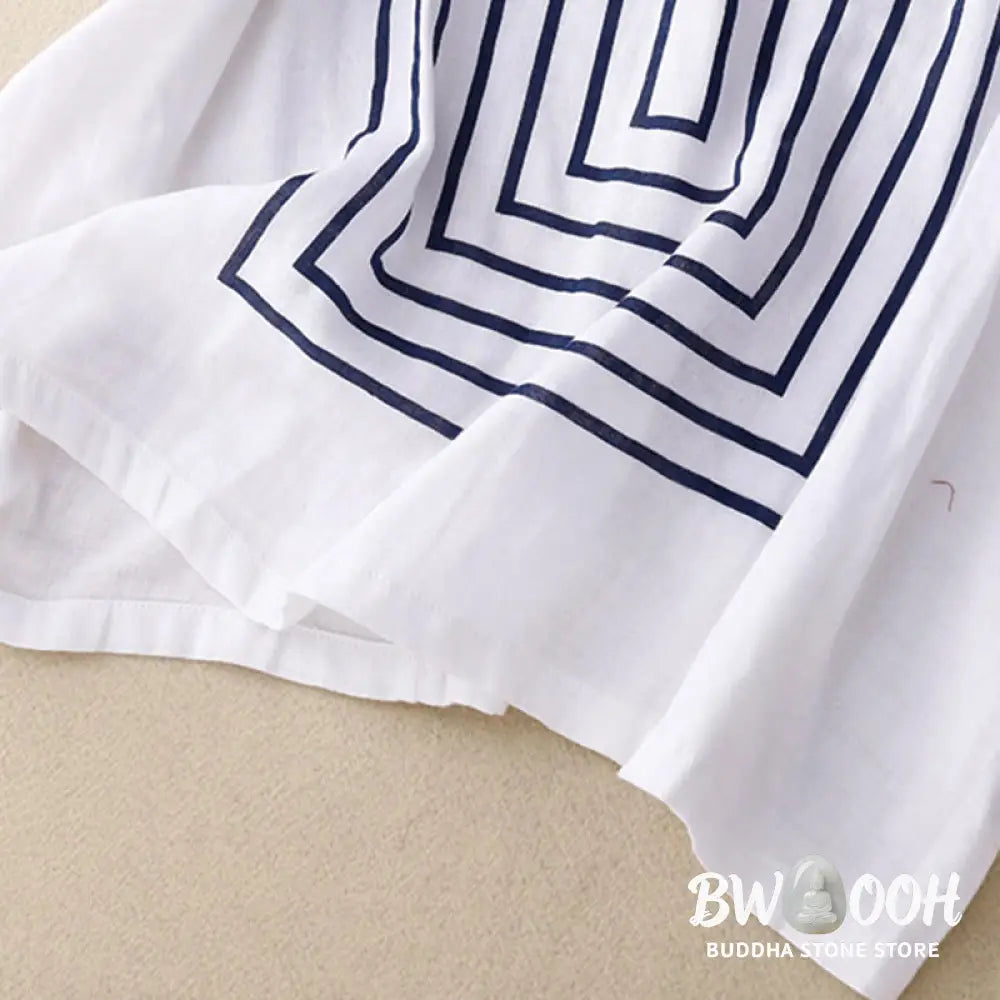 Buddha Stones Casual Line Printing Pattern Short Sleeve Cotton Linen Women’s T-Shirt - Women’s T-Shirts