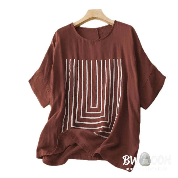 Buddha Stones Casual Line Printing Pattern Short Sleeve Cotton Linen Women’s T-Shirt - Women’s T-Shirts