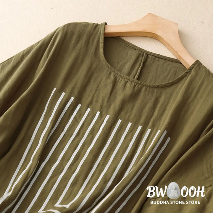 Buddha Stones Casual Line Printing Pattern Short Sleeve Cotton Linen Women’s T-Shirt - Women’s T-Shirts