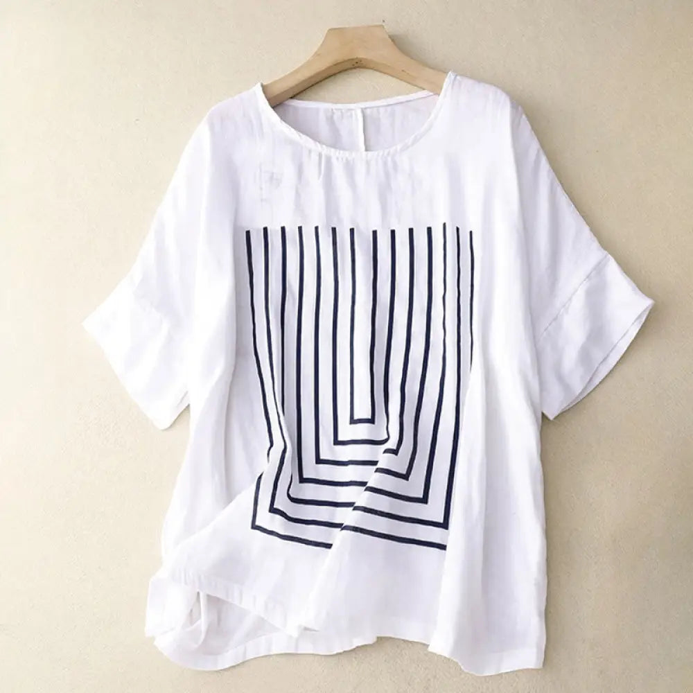 Buddha Stones Casual Line Printing Pattern Short Sleeve Cotton Linen Women’s T-Shirt - White / US4，UK/AU8，EU36 (M)