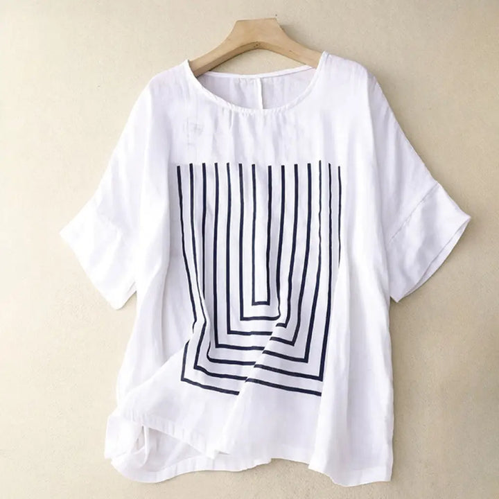 Buddha Stones Casual Line Printing Pattern Short Sleeve Cotton Linen Women’s T-Shirt - White / US4，UK/AU8，EU36 (M)