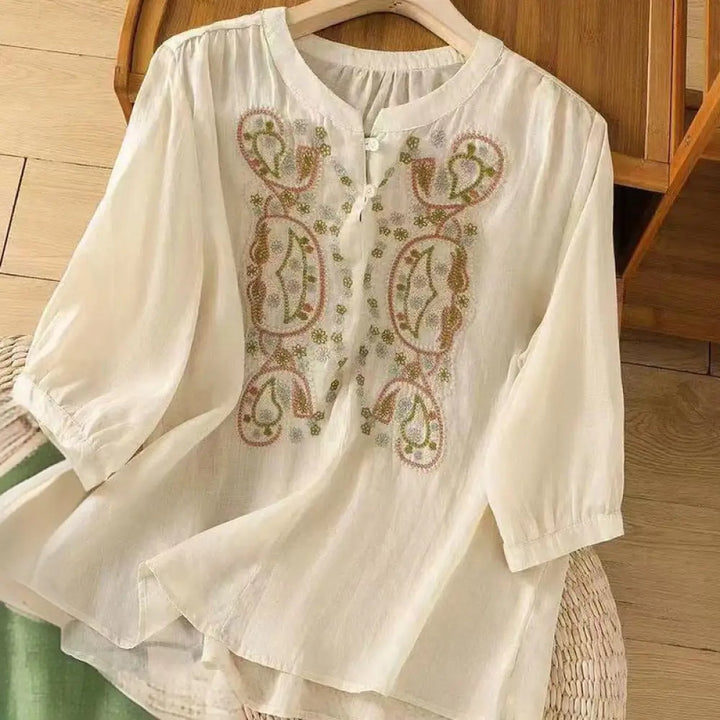 Buddha Stones Casual Loose Embroidery Frog Button Half Sleeve Crew Neck Cotton Women’s Shirt - Beige / US4，UK/AU8，EU36