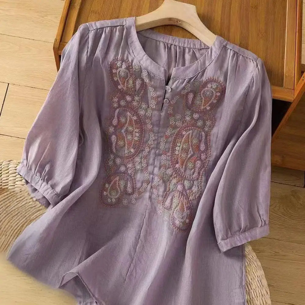 BWOOOH Casual Loose Embroidery Frog Button Half Sleeve Cr