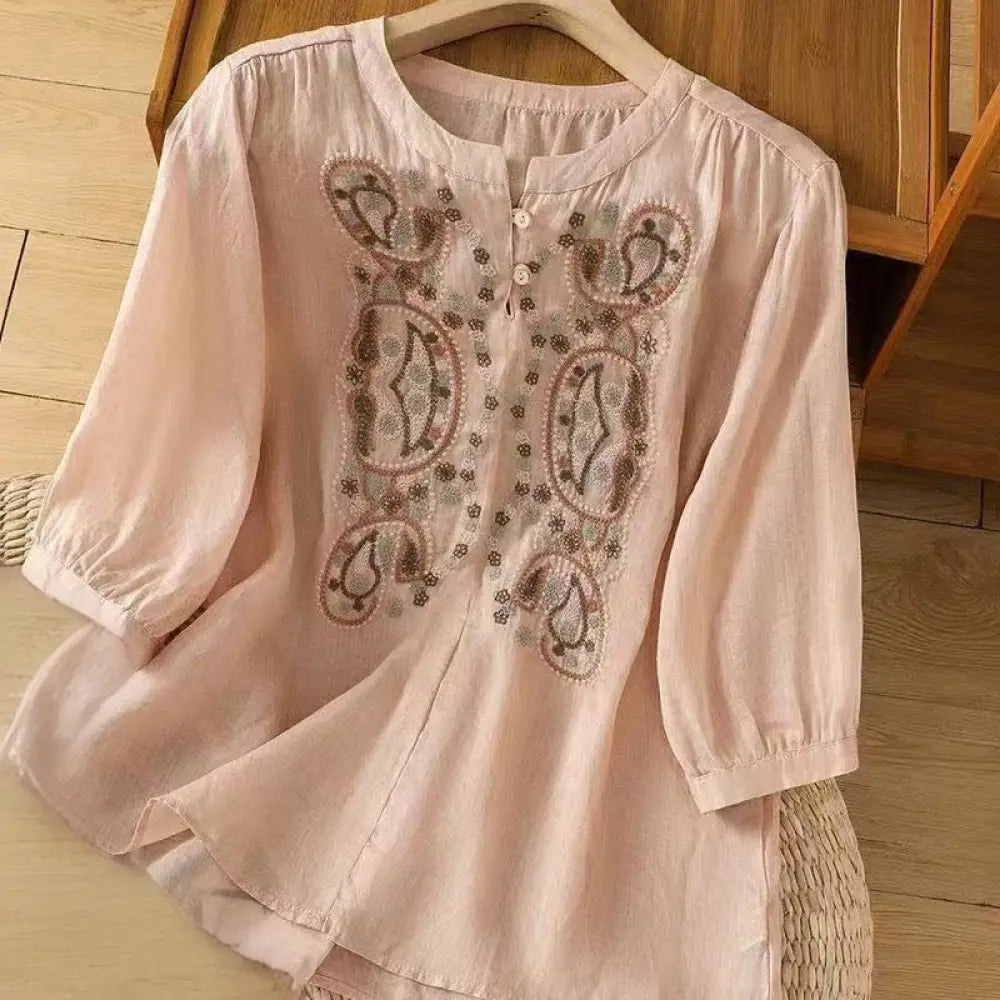 Buddha Stones Casual Loose Embroidery Frog Button Half Sleeve Crew Neck Cotton Women’s Shirt - Pink / US4，UK/AU8，EU36