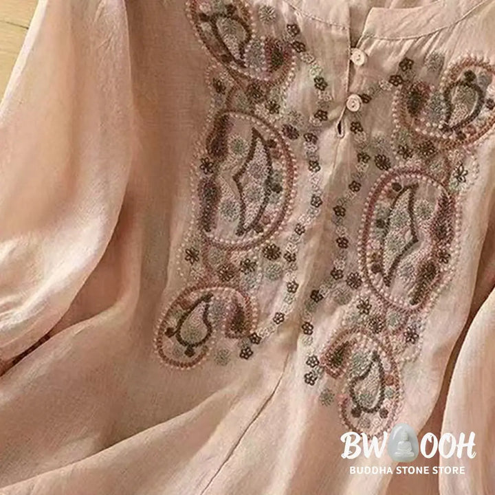 Buddha Stones Casual Loose Embroidery Frog Button Half Sleeve Crew Neck Cotton Women’s Shirt - Women’s Shirts
